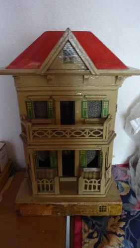 Antikes puppenhaus mit inhalt - puppenhaus,