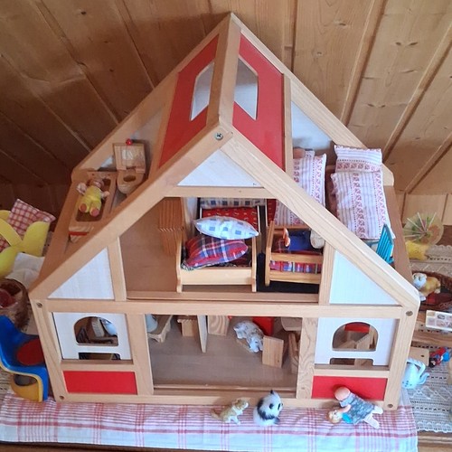 Holz puppenhaus möbliert - holz, mit